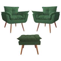 Kit 02 Poltronas decorativas mais um Puff Opalla Pés Palito Verde - DS Estofados Kit 02 Poltronas decorativas mais um Puff Opalla Pés Palito Verde - DS Estofados