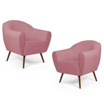 Kit 02 Poltronas Decorativas Nina Pés Palito Madeira C-105 Linho Rosê - Domi