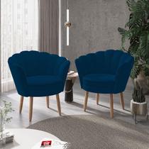 Kit 02 Poltronas Decorativas Pétala Luxo Veludo Azul Marinho Pés Palito - Visan Estofados