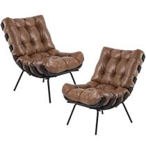 Kit 02 Poltronas Decorativas Sala de Estar Costela Preto L04 Couro Mel - Lyam Decor
