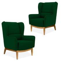 Kit 02 Poltronas Decorativas Sala de Estar Milena Base Madeira Veludo Verde Liso C-303 - Lyam Decor