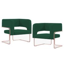 Kit 02 Poltronas Decorativas Scarlett D02 Base de Aço New Cobre Veludo Verde C-303 - Lyam Decor