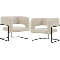 Kit 02 Poltronas Decorativas Scarlett D02 Base de Aço Preto Linho Champagne A-48 - Lyam Decor
