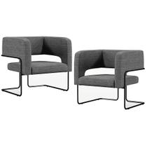 Kit 02 Poltronas Decorativas Scarlett D02 Base de Aço Preto Linho Cinza Escuro A-420 - Lyam Decor