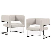 Kit 02 Poltronas Decorativas Scarlett D02 Base de Aço Preto Linho Cru C-443 - Lyam Decor