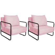 Kit 02 Poltronas Decorativas Sevilha Base de Ferro Preta Suede