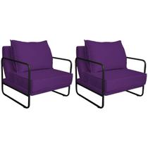 Kit 02 Poltronas Decorativas Sevilha Base de Ferro Preta Suede