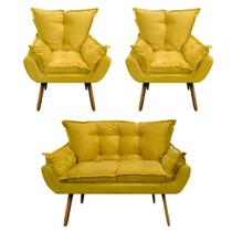 Kit 02 Poltronas e 01 Namoradeira Mariana Suede Amarelo SLK Decor