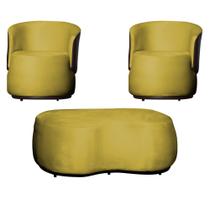 Kit 02 Poltronas e 01 Puff Decorativo Beatriz Veludo Amarelo/PU Marrom - Montanaris Decor