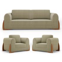 Kit 02 Poltronas e 01 Sofá Bloom 160cm 02 Lugares com Pés de Madeira Bouclê Bege - Desk Design