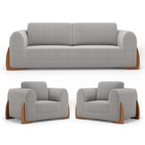 Kit 02 Poltronas E 01 Sofá Bloom 160cm 02 Lugares Com Pés De Madeira Bouclê Cinza - Abmaza Kit 02 Poltronas E 01 Sofá Bloom 160cm 02 Lugares Com Pés De Madeira Bouclê Cinza - Abmaza