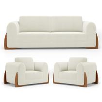 Kit 02 Poltronas e 01 Sofá Bloom 160cm 02 Lugares com Pés de Madeira Bouclê Off White - Abmaza