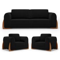 Kit 02 Poltronas e 01 Sofá Bloom 160cm 02 Lugares com Pés de Madeira Bouclê Preto - Desk Design