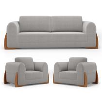 Kit 02 Poltronas e 01 Sofá Bloom 180cm 02 Lugares com Pés de Madeira Bouclê Cinza - Abmaza Kit 02 Poltronas e 01 Sofá Bloom 180cm 02 Lugares com Pés de Madeira Bouclê Cinza - Abmaza