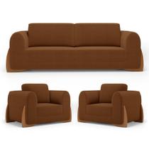 Kit 02 Poltronas e 01 Sofá Bloom 180cm 02 Lugares com Pés de Madeira Bouclê Terracota - Abmaza