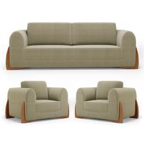 Kit 02 Poltronas e 01 Sofá Bloom 200cm 03 Lugares com Pés de Madeira Bouclê Bege - Abmaza