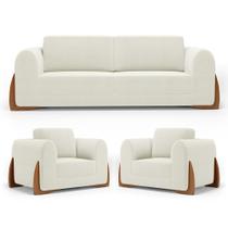 Kit 02 Poltronas e 01 Sofá Bloom 200cm 03 Lugares com Pés de Madeira Bouclê Off White - Desk Design