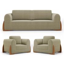 Kit 02 Poltronas E 01 Sofá Bloom 220cm 03 Lugares Com Pés De Madeira Bouclê Bege - Abmaza
