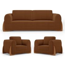 Kit 02 Poltronas E 01 Sofá Bloom 220cm 03 Lugares Com Pés De Madeira Bouclê Terracota - Abmaza