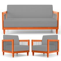 Kit 02 Poltronas E 01 Sofá Samoa Madeira Maciça Com Cordas Náutica Linho Cinza - Abmaza