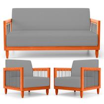 Kit 02 Poltronas e 01 Sofá Samoa Madeira Maciça com Cordas Náutica Linho Cinza - Desk Design
