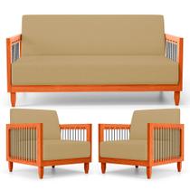 Kit 02 Poltronas e 01 Sofá Samoa Madeira Maciça com Cordas Náutica Linho Dourado - Desk Design Kit 02 Poltronas e 01 Sofá Samoa Madeira Maciça com Cordas Náutica Linho Dourado - Desk Design