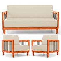 Kit 02 Poltronas E 01 Sofá Samoa Madeira Maciça Com Cordas Náutica Linho Pérola - Abmaza