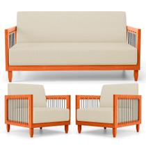 Kit 02 Poltronas e 01 Sofá Samoa Madeira Maciça com Cordas Náutica Linho Pérola - Desk Design