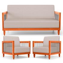 Kit 02 Poltronas E 01 Sofá Samoa Madeira Maciça Com Cordas Náutica Linho Rústico Areia - Abmaza