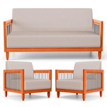 Kit 02 Poltronas e 01 Sofá Samoa Madeira Maciça com Cordas Náutica Linho Rústico Areia - Desk Design