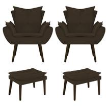 Kit 02 Poltronas e 02 Puffs Fenzzi Pés Palito Tabaco Quarto Sala Recepção Suede Marrom - DAMAFFÊ MÓVEIS