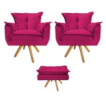 Kit 02 Poltronas e Puff Apolo Base Giratória de Madeira Suede Pink - DAMAFFÊ MÓVEIS