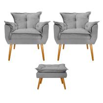 Kit 02 Poltronas e Puff Apolo Palito Mel Sala de Estar Recepção Quarto Suede Cinza