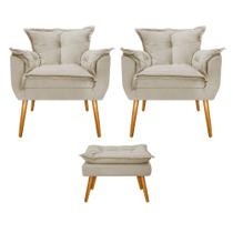 Kit 02 Poltronas e Puff Apolo Pés Palito Mel Sala de Estar Recepção Quarto Suede Bege
