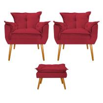 Kit 02 Poltronas e Puff Apolo Pés Palito Mel Sala de Estar Recepção Quarto Suede Vermelho