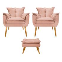 Kit 02 Poltronas e Puff Opala Palito Mel Suede Rosê - DAMAFFÊ MÓVEIS Kit 02 Poltronas e Puff Opala Palito Mel Suede Rosê - DAMAFFÊ MÓVEIS