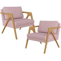 Kit 02 Poltronas Estrutura De Madeira L02 Suede Rosê
