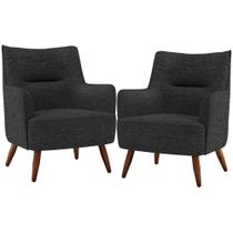 Kit 02 Poltronas Fixa Pés De Madeira Linho Chumbo D-465