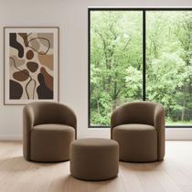 Kit 02 Poltronas Gaia + Puff Living Decorativo Curvo Orgânico Boucle Cappuccino - Montanaris Decor Kit 02 Poltronas Gaia + Puff Living Decorativo Curvo Orgânico Boucle Cappuccino - Montanaris Decor