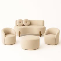 Kit 02 Poltronas Gaia +Sofá + Puff Living Decorativo Curvo Orgânico Boucle Bege - Montanaris Decor