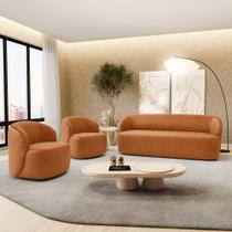 Kit 02 Poltronas Giratória e 01 Sofá Orgânico Leez 205cm 03 Lugares material sintético Caramelo - Desk Design