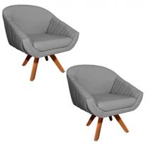 Kit 02 Poltronas Giratória Giovana Linho A26 Base Madeira