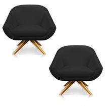 Kit 02 Poltronas Giratória Giovana material sintético Preto Base Madeira
