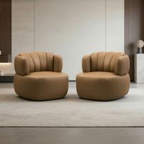 Kit 02 Poltronas Giratória Orgânica Para Sala Living Oceane L06 Couro Marrom Claro - Lyam Decor Kit 02 Poltronas Giratória Orgânica Para Sala Living Oceane L06 Couro Marrom Claro - Lyam Decor