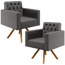 Kit 02 Poltronas Giratórias Base de Madeira Manu L02 Capitonê Linho Cinza Escuro - Lyam Decor Kit 02 Poltronas Giratórias Base de Madeira Manu L02 Capitonê Linho Cinza Escuro - Lyam Decor