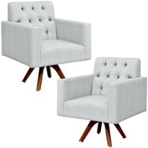 Kit 02 Poltronas Giratórias Base de Madeira Manu L02 Capitonê Linho Cinza - Lyam Decor Kit 02 Poltronas Giratórias Base de Madeira Manu L02 Capitonê Linho Cinza - Lyam Decor