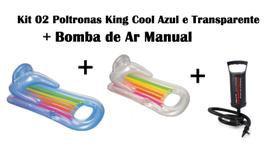 Kit 02 Poltronas King Coll com encosto na cor Azul/Transparente+ Bomba de Ar Manual - INTEX