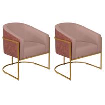 Kit 02 Poltronas Luiza Base de Ferro Dourado Corano Nozes e Linho Rosê - Amarena Móveis