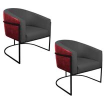 Kit 02 Poltronas Luiza Base de Ferro Preto Factor Vermelho e Linho - ADJ Decor