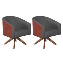 kit 02 Poltronas Luiza Base Giratória de Madeira Sintético Nozes e Linho Chumbo - Amarena Móveis